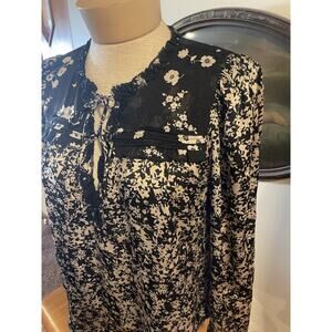 Black Floral Puff Balloon Sleeve Tie Bow Peplum Boho Goth Ruffle Neck Blouse M